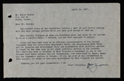 "Arab Political Parties in Israel", a Letter to Elyas Kusa, April 1957 
