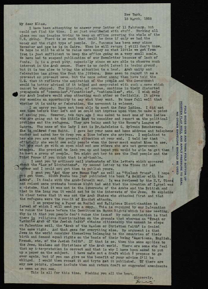 A Letter from Samy Haddawy to Ilyas Kusa, March 1958