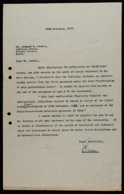 Two Letters from Ilyas Kusa to the American Consul and the UN Secretary-General, February 1957