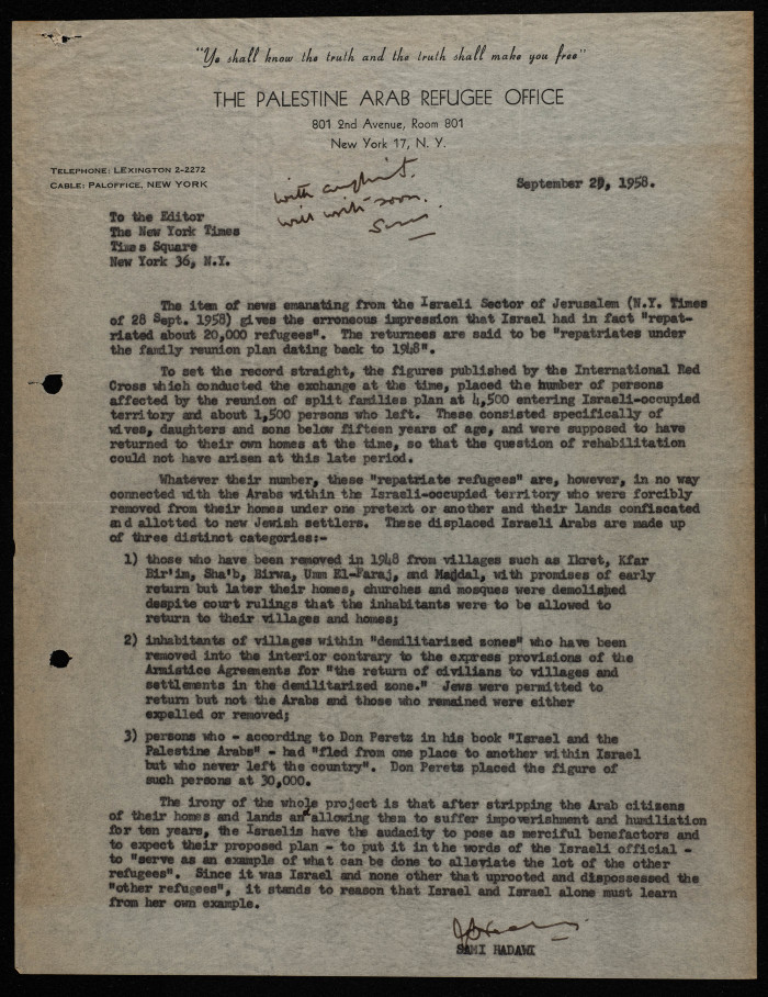A Letter from Samy Haddawy to the Editor of the New York Times, September 1958