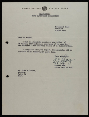A Letter to Ilyas Kusa from the United Nations Truce Supervision Organisation, March 1957