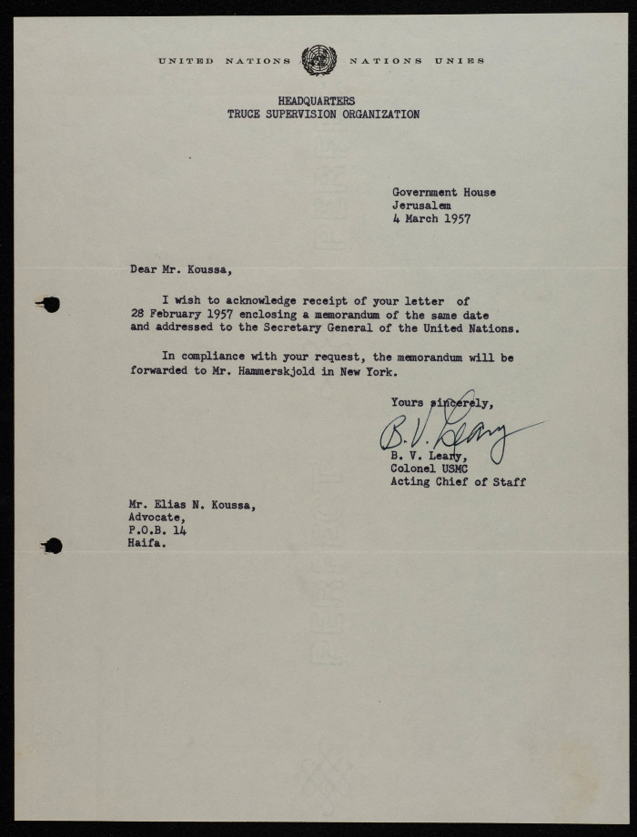 A Letter to Ilyas Kusa from the United Nations Truce Supervision Organisation, March 1957