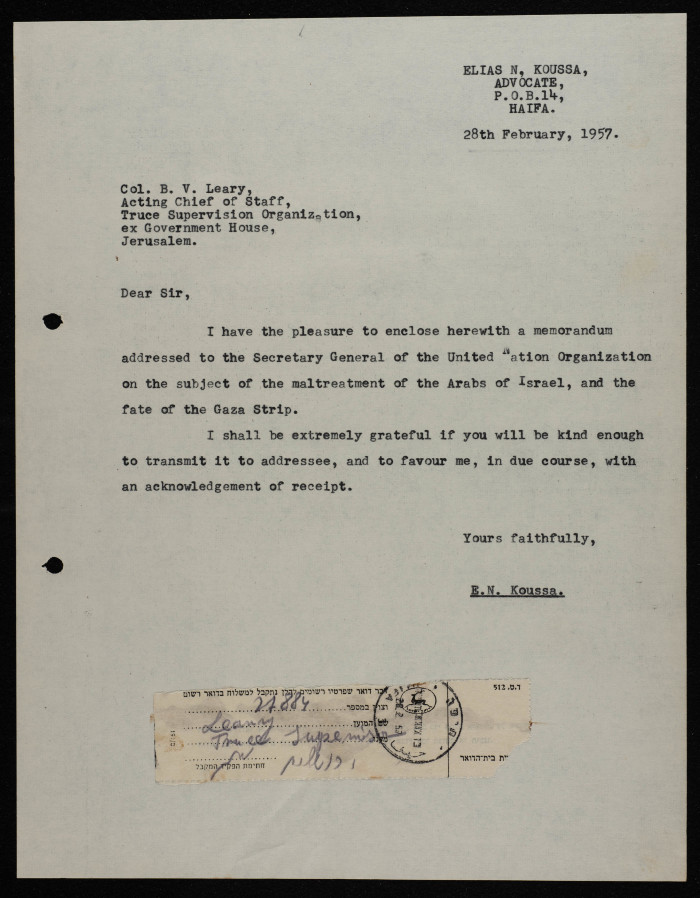 A Letter from Ilyas Kusa to the United Nations Truce Supervision Organisation, February 1957