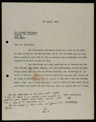 A Letter from Ilyas Kusa to Bernard Greenspan, April 1958