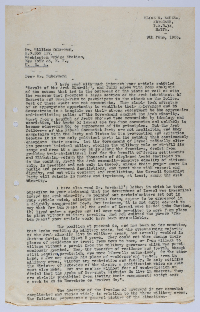 A Letter from Ilyas Kusa to William Zukerman, June 1958
