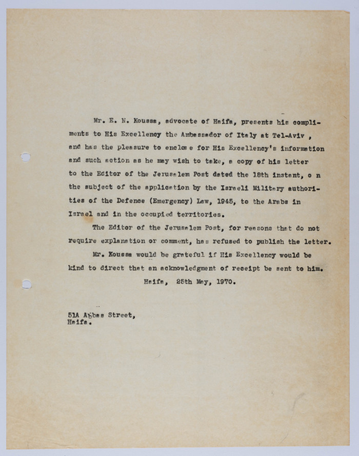 A Letter from Ilyas Kusa to the Italian Ambassador at Tel Aviv Colony, May 1970