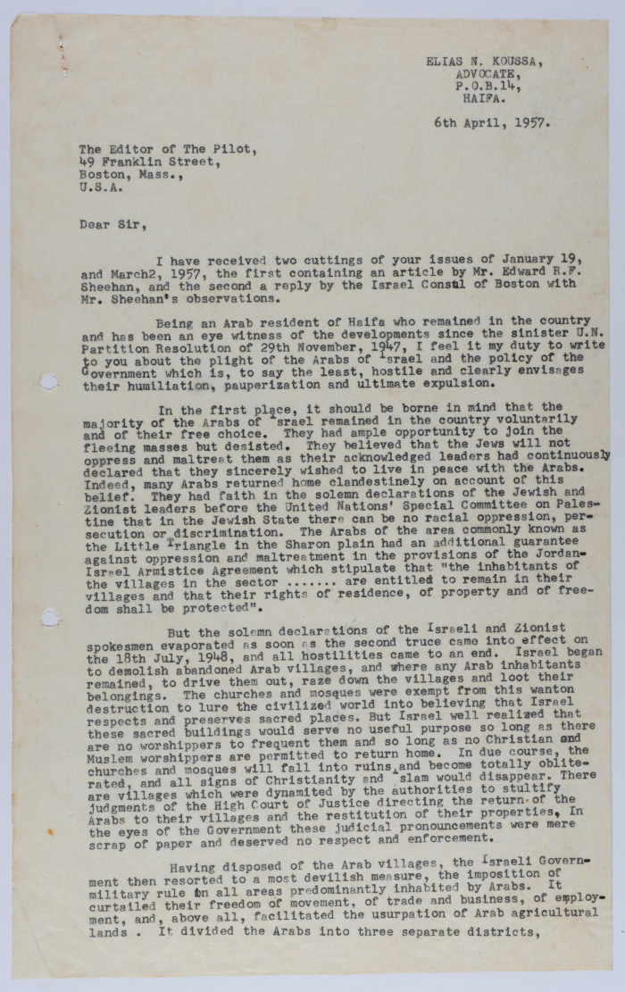A Letter from Ilyas Kusa to the Editor of The Pilot, April 1957