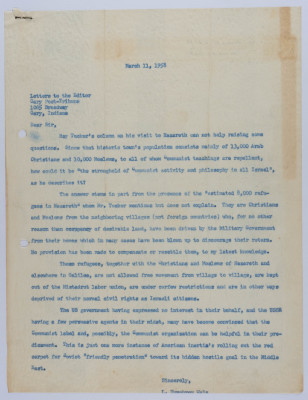 رسالة إلى محرر صحيفة بوست تريبيون، آذار 1958 