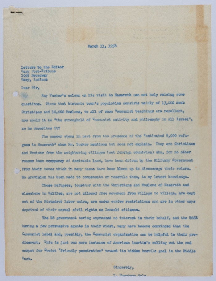 رسالة إلى محرر صحيفة بوست تريبيون، آذار 1958 