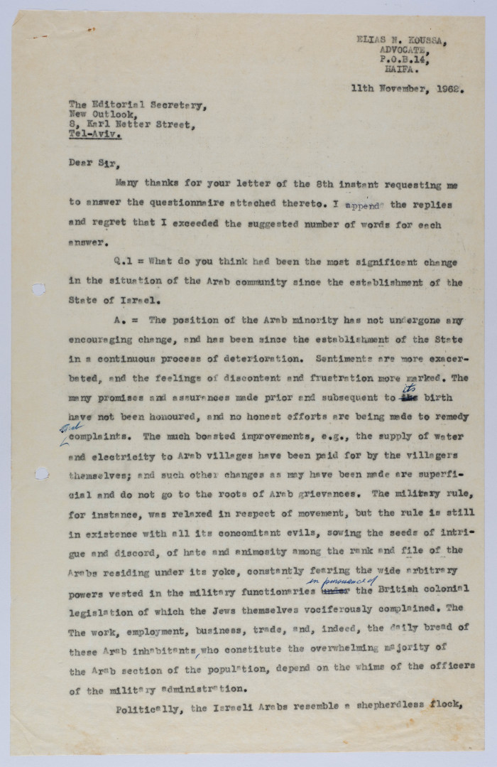 A Letter from Ilyas Kusa to Shmuel B'ari, November 1962