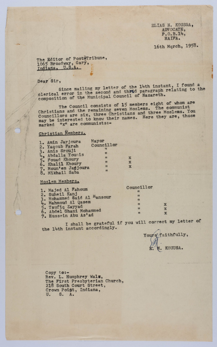 رسالة من إلياس كوسا إلى محرر صحيفة بوست تريبيون، آذار 1958 