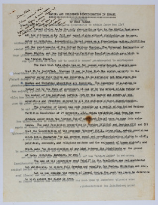"Racial and Religious Discrimination in Israel", a Research Paper by Samy Haddawy, March 1958	