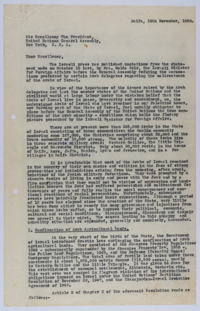 A Memorandum to the President of the United Nations General Assembly, November 1960