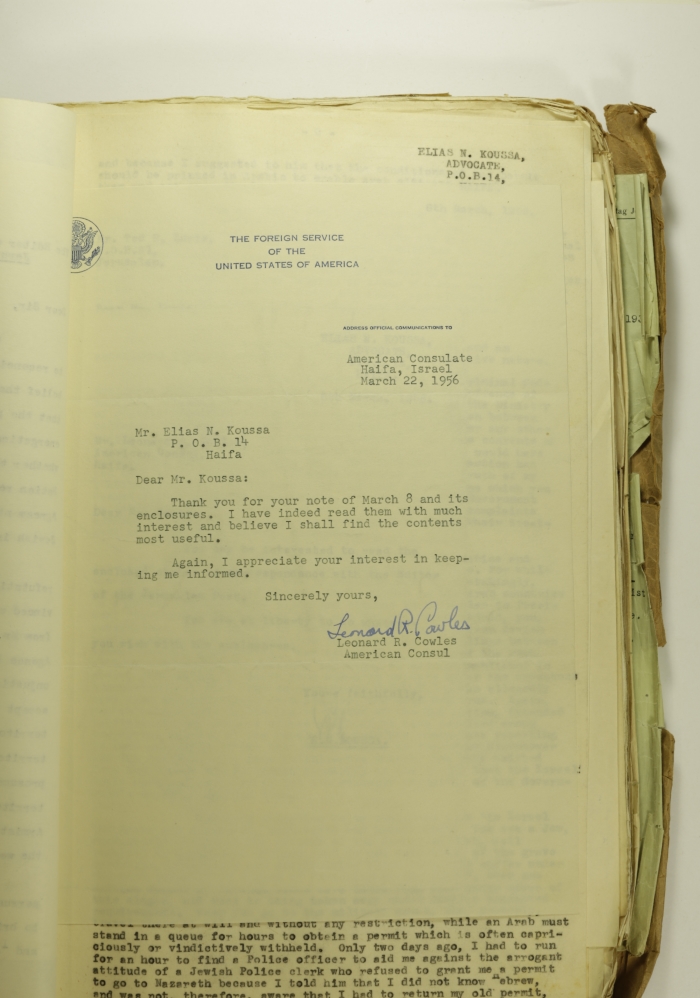 A Thank-You Letter from the US Consul to Elyas Kusa, 1956 