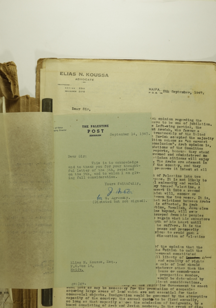 تأكيد استلام، رسالة من محرر صحيفة فلسطين بوست إلى إلياس كوسا، 1947