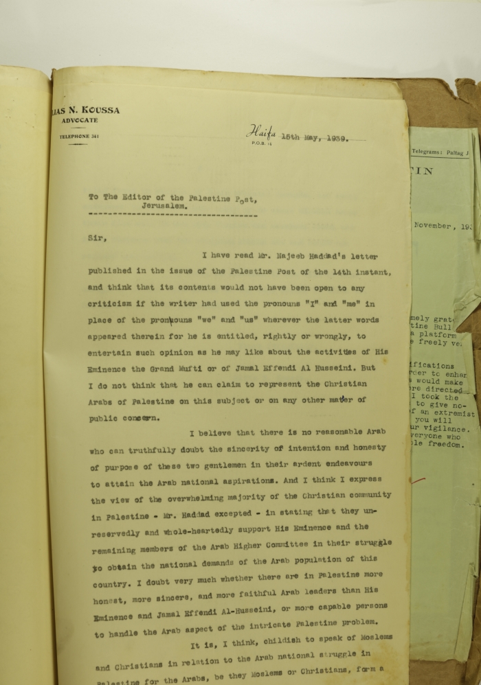 رسالة من إلياس كوسا إلى محرر صحيفة بوست فلسطين، 1939