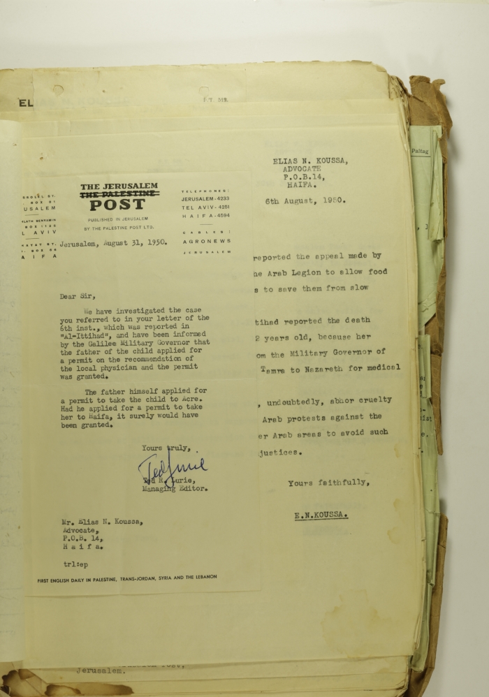 A Letter from the Jerusalem Post Managing Editor to Elyas Kusa, 1950