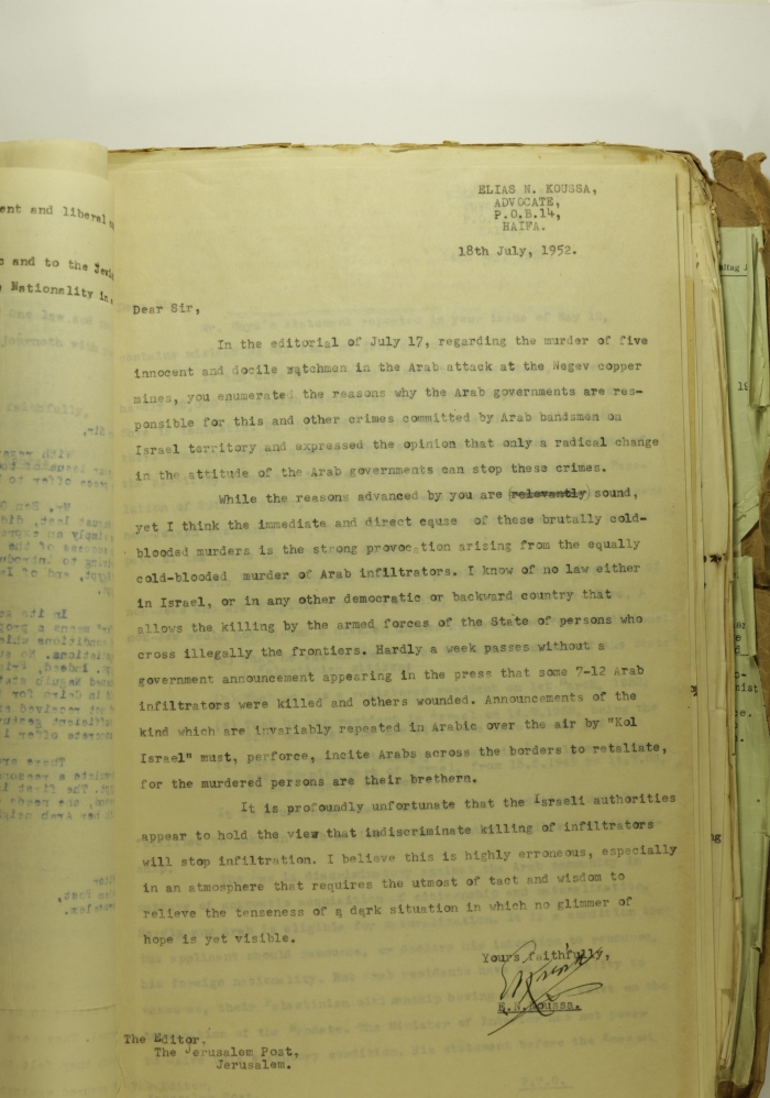A Letter by Ilyas Kusa to the Editor of the Jerusalem Post, July 1952