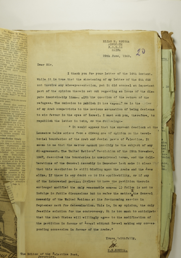 A Formal Letter Addressed by Ilyas Kusa to the Editor of the Jerusalem Post, 1949