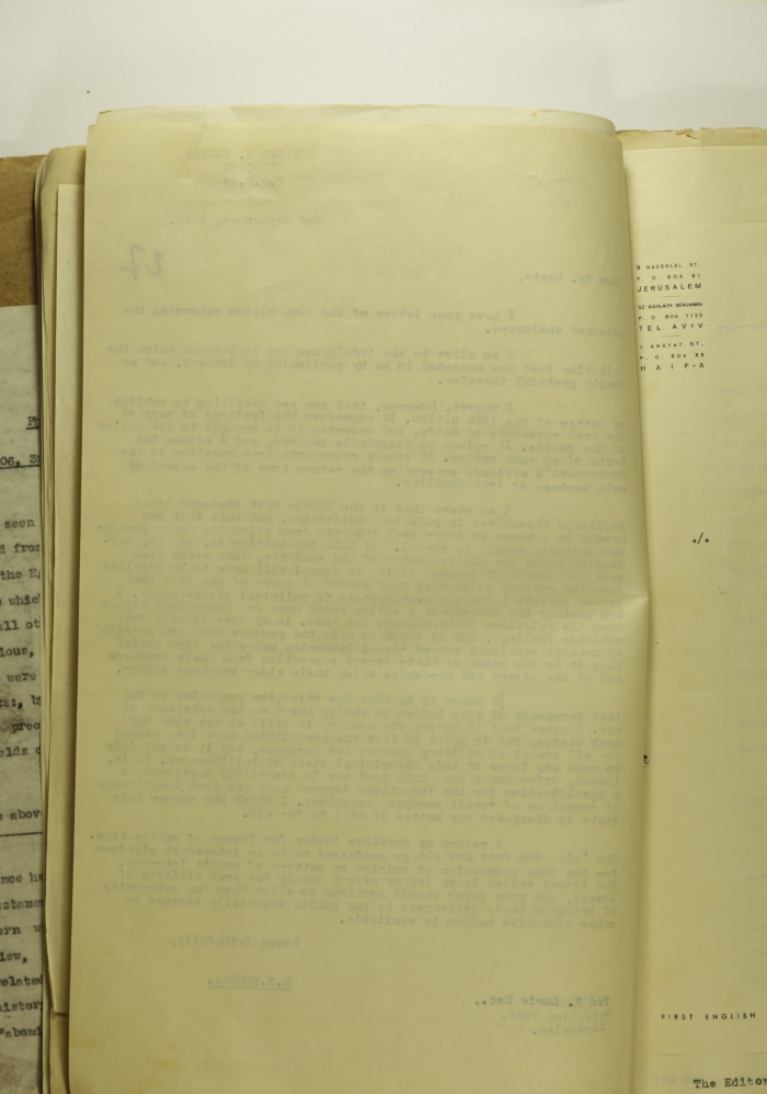 A Formal Letter by Ilyas Kusa to the Editor of the Jerusalem Post, 1949