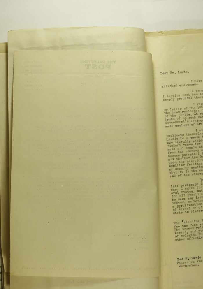 رسالة من محرر  فلسطين بوست إلى إلياس كوسا، أيلول 1949 