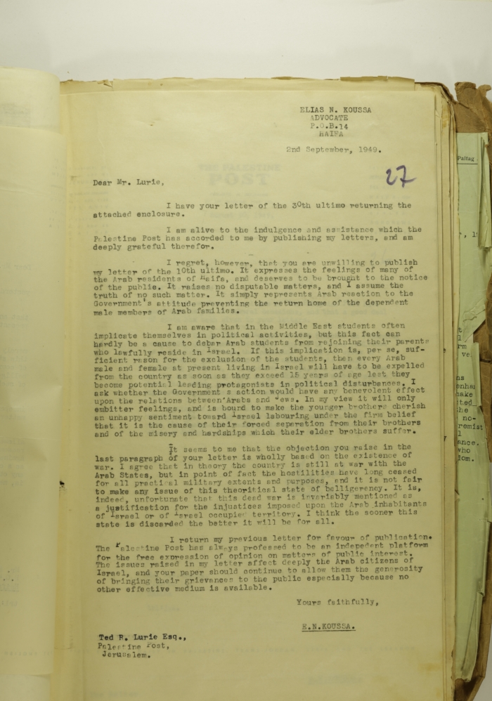 A Formal Letter by Ilyas Kusa to the Editor of the Jerusalem Post, 1949