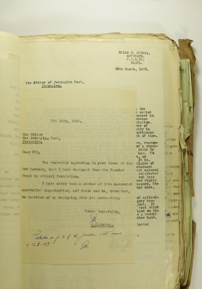 A Letter by Elyas Kusa to the Editor of the Jerusalem Post, July 1959