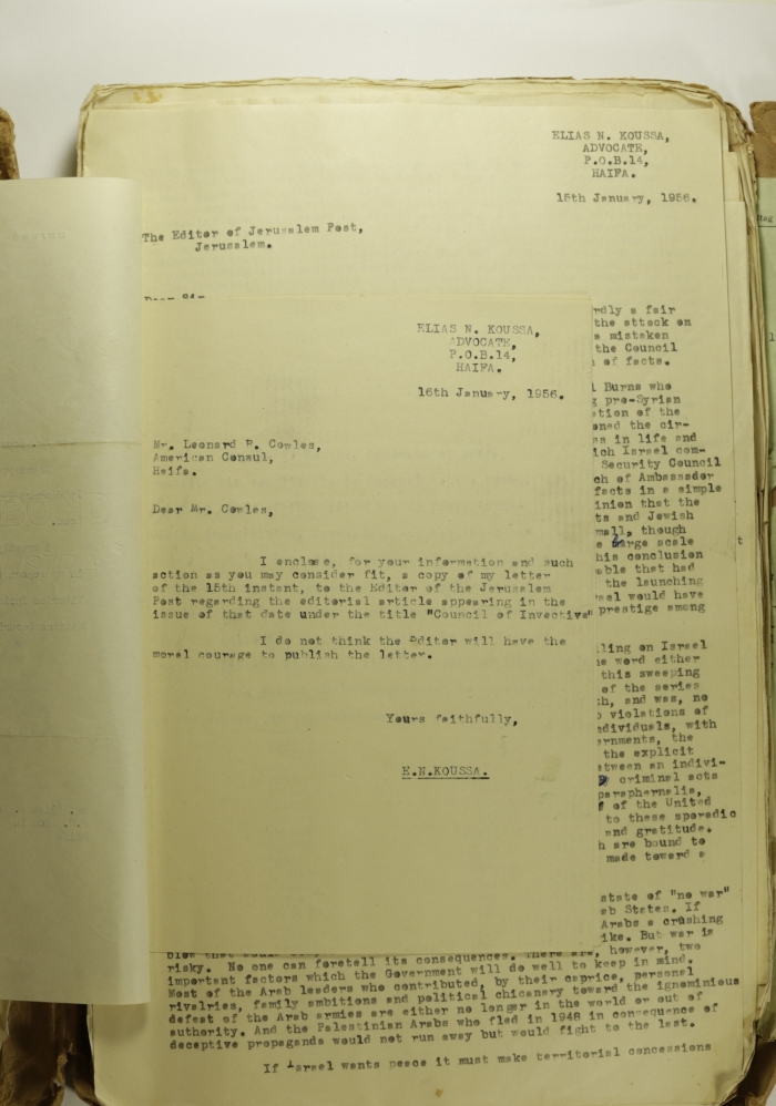 A Letter by Elyas Kusa to the American Consul, January 1956