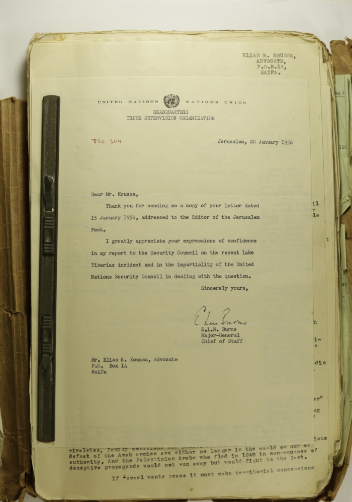 A Letter by the United Nation's Truce Supervision Organization to Elyas Kusa, January 1956