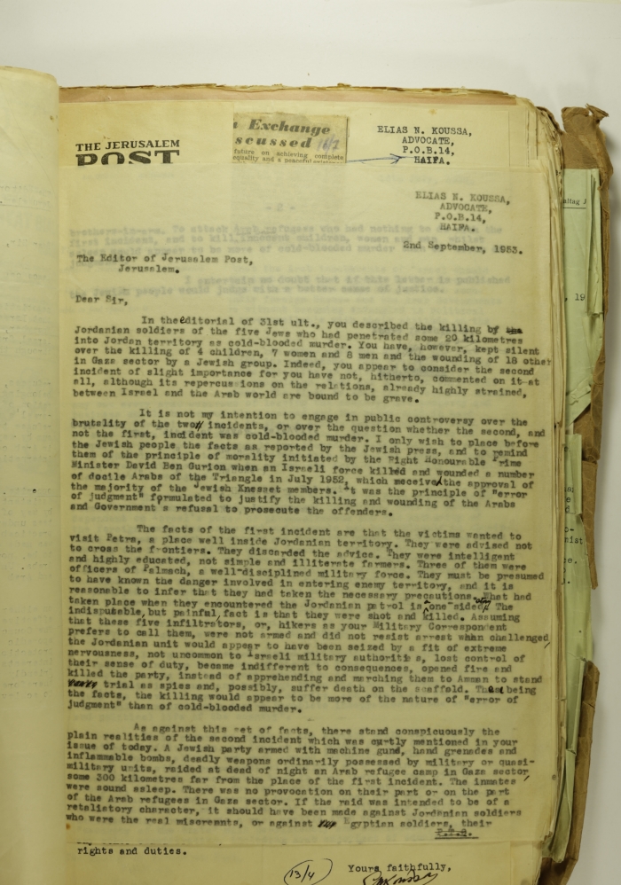 A Formal Letter by Ilyas Kusa to the Jerusalem Post, September 1953