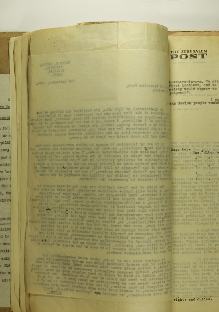 A Formal Letter by Ilyas Kusa to the Jerusalem Post, September 1953