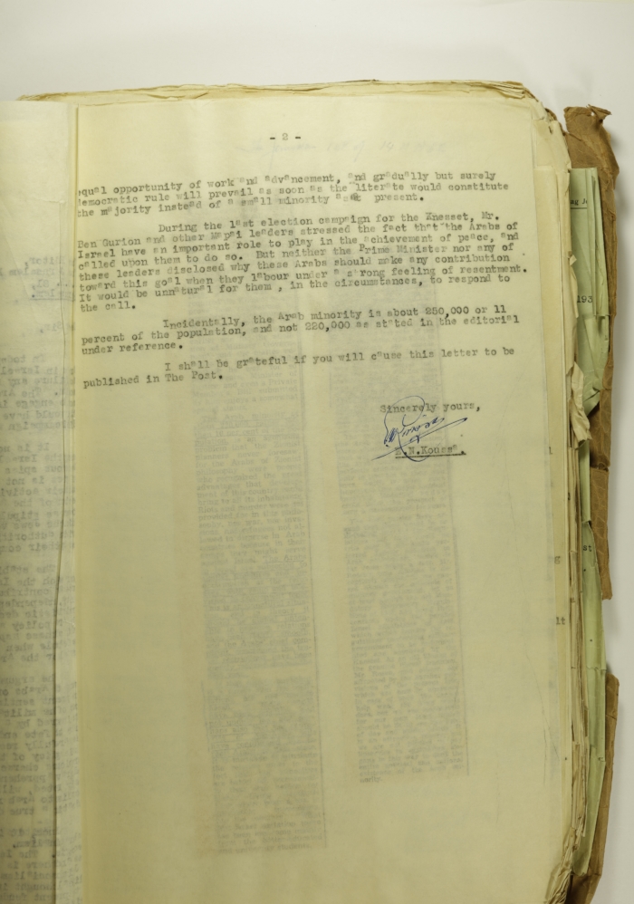 A Letter by Elyas Kusa to the Editor of the Jerusalem Post, November 1962
