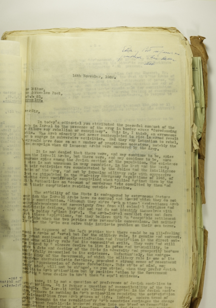 A Letter by Elyas Kusa to the Editor of the Jerusalem Post, November 1962