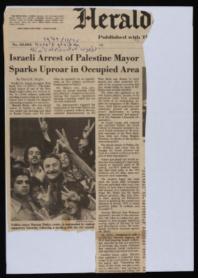 "Israel Arrest of Palestine Mayor Sparks Uproar in the Palestinian Occupied Territories", a Clipping from Herald Tribune Newspaper, 12 November 1979