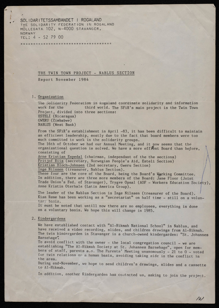 A Letter from Stavanger Municipality to Bassam ash-Shakʿa, 19 November 1984 