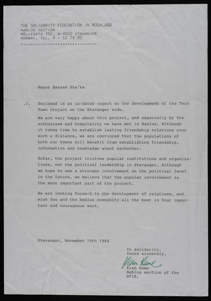 A Letter from Stavanger Municipality to Bassam ash-Shakʿa, 19 November 1984 