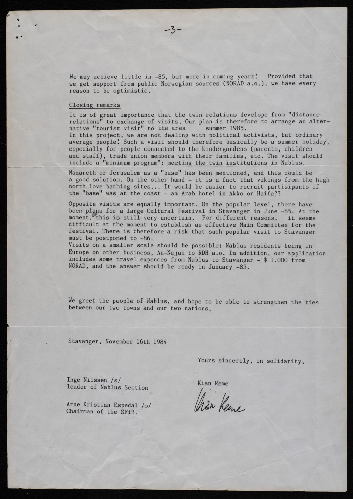 A Letter from Stavanger Municipality to Bassam ash-Shakʿa, 19 November 1984 