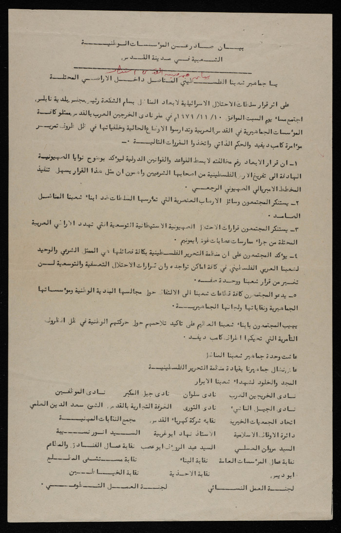 A Statement by National Entities, Institutions, and Figures in Nablus, 1979