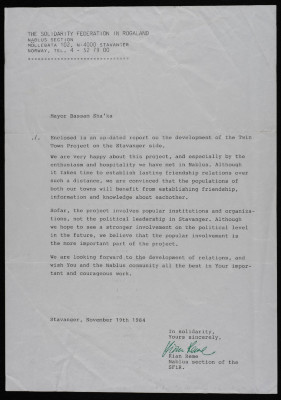 A Letter from Stavanger Municipality to Bassam ash-Shakʿa, 19 November 1984 
