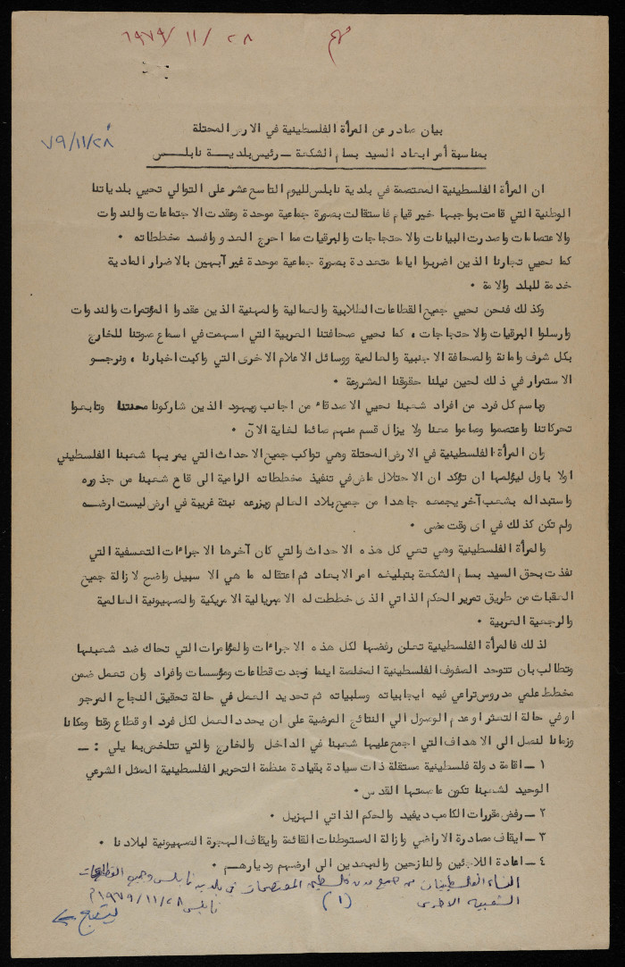 A Statement by the Palestinian Women in Solidarity with Bassam ash-Shakʿa, 28 November 1979