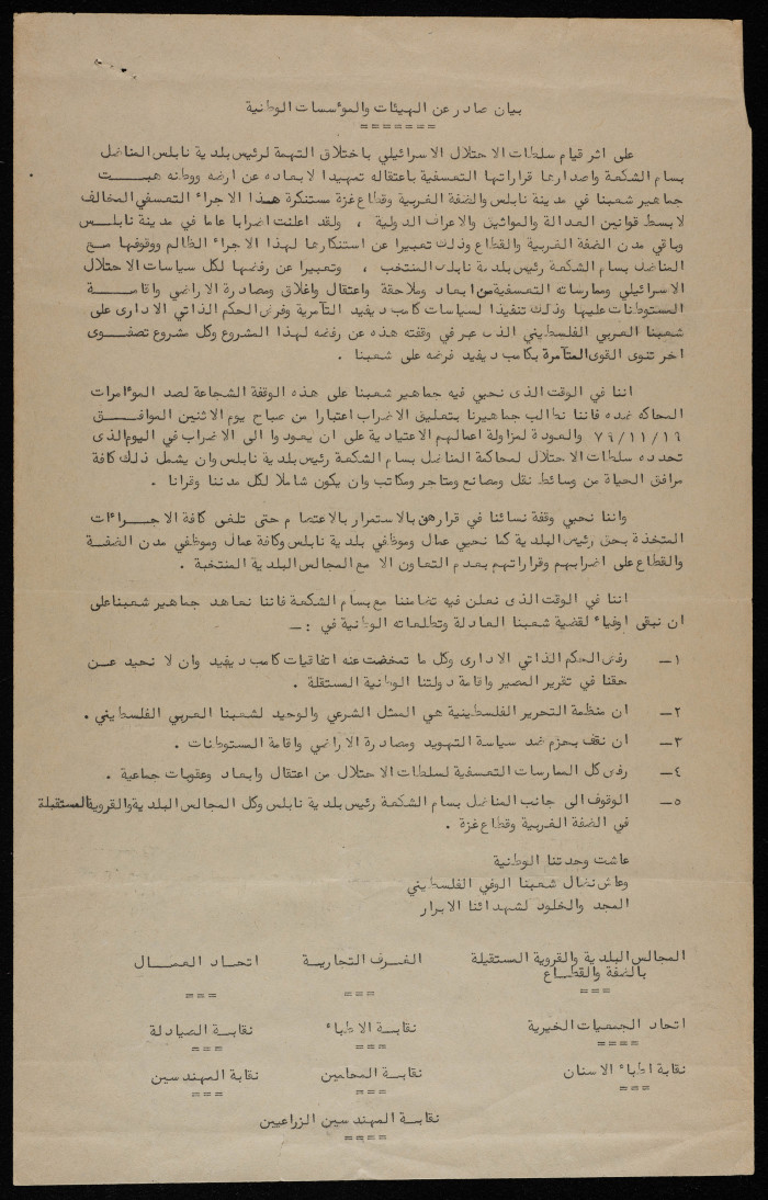 A Statement by National Entities in Nablus 