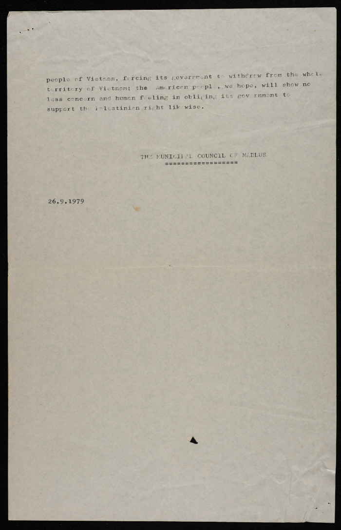 A Statement by Nablus Municipal Council, 26 September 1979 