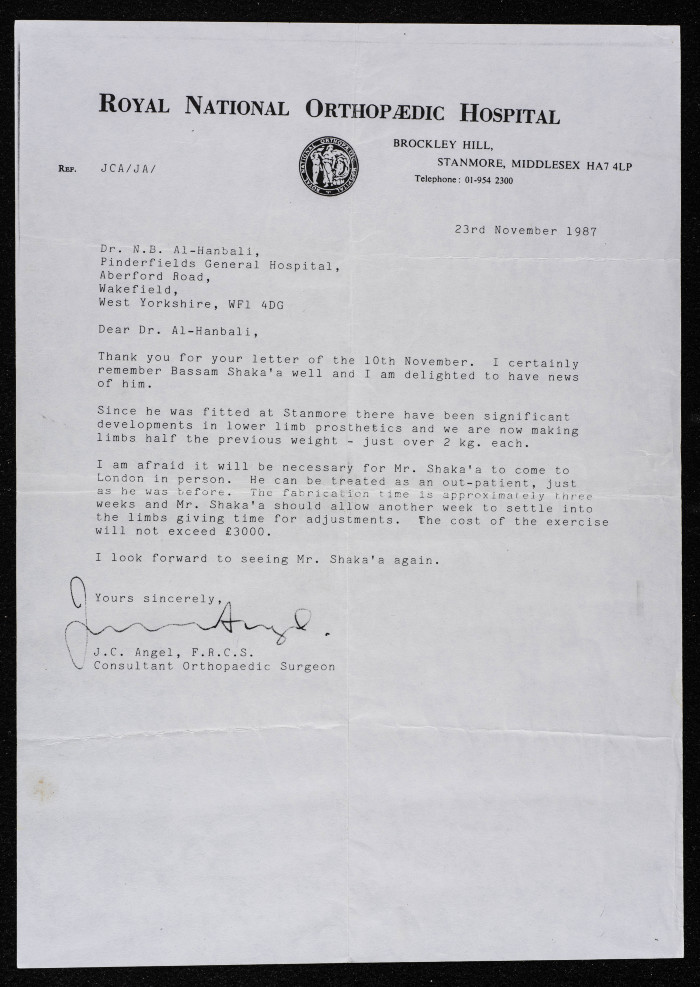 A Letter from the Royal National Orthopaedic Hospital in London to Bassam ash-Shakʿa's Doctor, 23 November 1987 