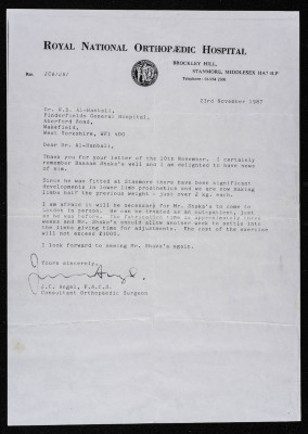 A Letter from the Royal National Orthopaedic Hospital in London to Bassam ash-Shakʿa