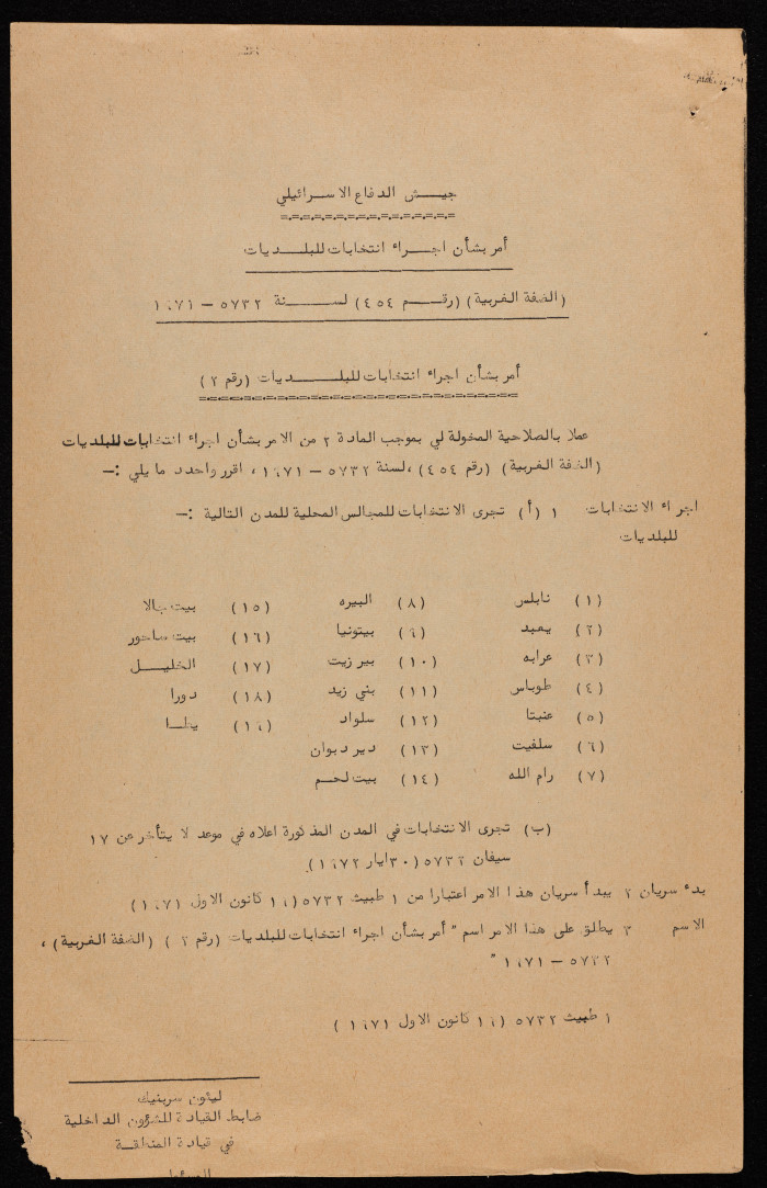 An Order from the Israeli Military Regarding the West Bank Municipal Elections