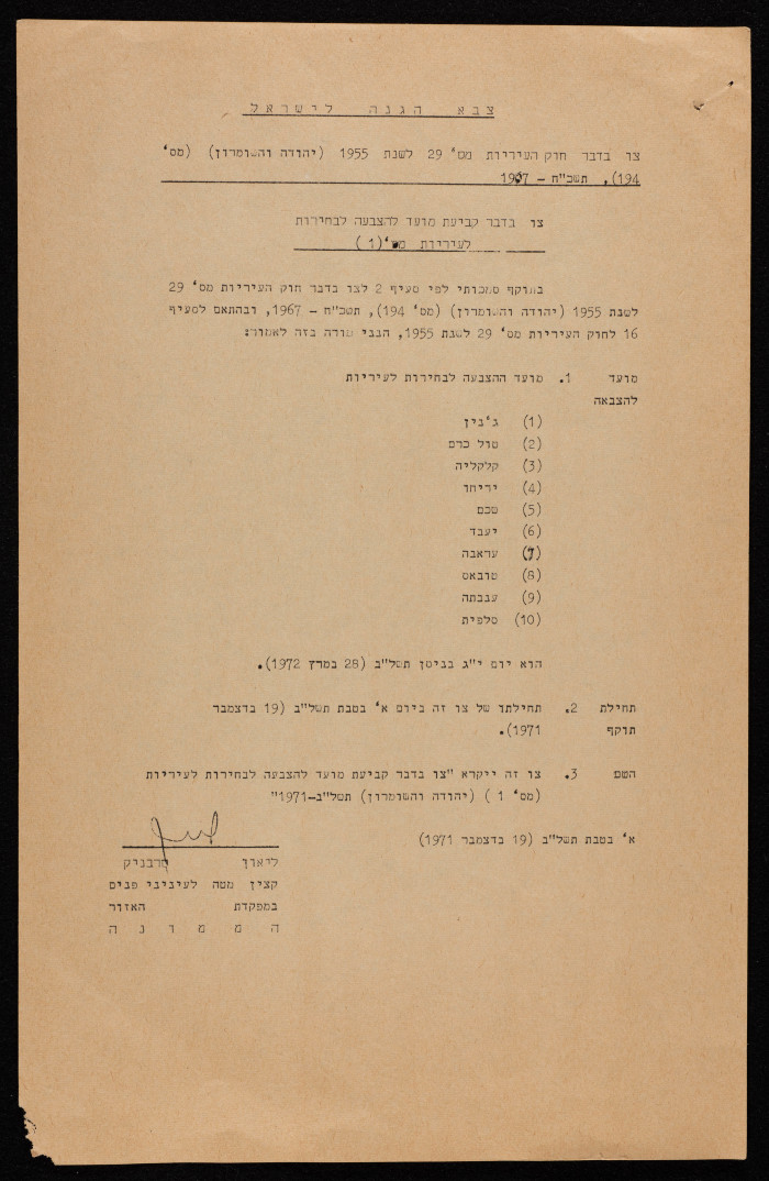 An Order from the Israeli Military Regarding the West Bank Municipal Elections