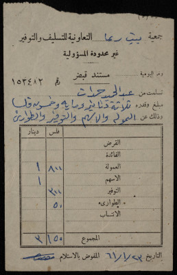 A Receipt Voucher from Beit Rima Cooperative Association for Saving and Credit to Abd al-Hamid Hamdan