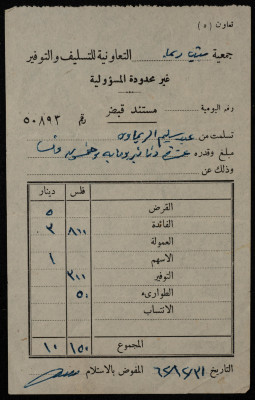 A Receipt Voucher from Beit Rima Cooperative Association for Saving and Credit to Abd al-Hamid Hamdan