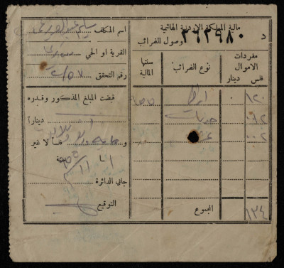 وصل ضريبي صادر عن مالية المملكة الأردنية باسم سليم عبد العزيز
