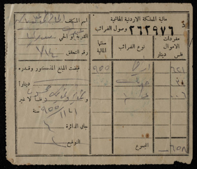 وصل ضريبي صادر عن مالية المملكة الأردنية باسم الحاج اسماعيل